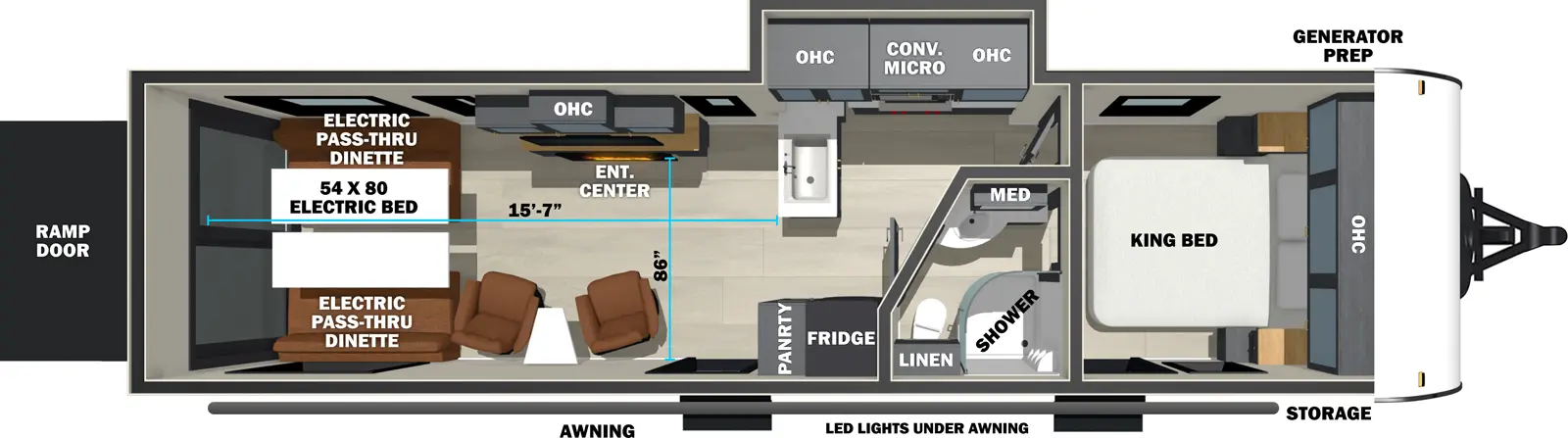 The Sandstorm 2900 floorplan is a toy hauler that has two entries and one slide out. Exterior features include: fiberglass exterior. Interiors features include: front bedroom.